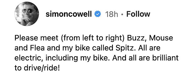 Simon Cowell, 64, took to Instagram on Sunday, where he posted a photograph of himself posing on an electric bike alongside his £230,000 fleet of electric vehicles.