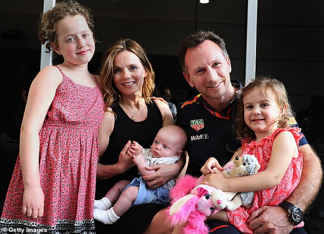 Geri has a son (now seven) with Christian Horner, daughters Bluebell (left) and Olivia from a previous relationship.  In the photo: The family together at the Bahrain F1 Grand Prix in 2017.