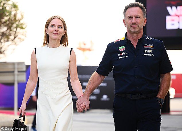 Horner and his wife Geri (left) put on a public show of unity despite their alleged texting scandal.