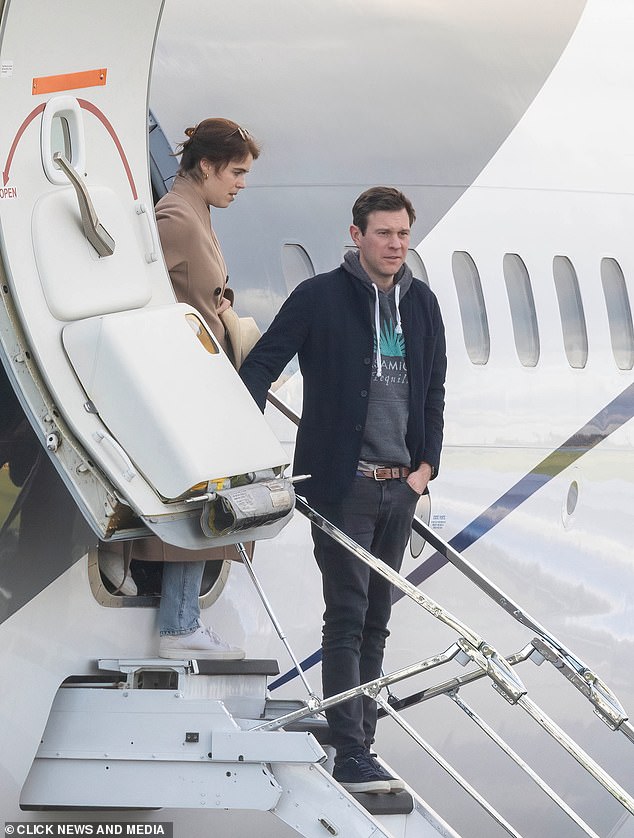 Princess Eugenie and her husband Jack Brooksbank are seen disembarking from a private jet in Oxford today.