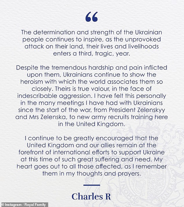 In a message to coincide with the second anniversary of the invasion, King Charles paid tribute to the 'determination and strength' of the Ukrainian people