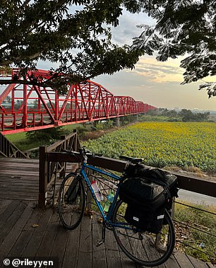 Riley's bike appears next to the Xiluo Bridge in Changhua County