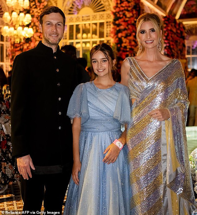 Pictured: Ivanka Trump with husband Jared Kushner and daughter Arabella at the pre-wedding cocktail party last night.