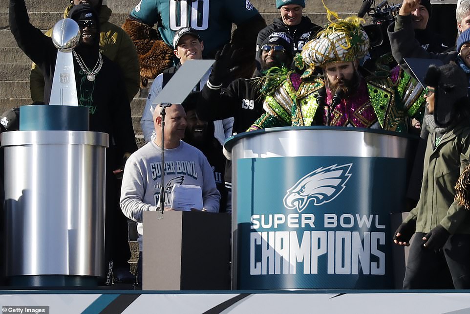 After winning the title, Kelce showed up at the victory parade in a Mummers costume and gave a passionate speech about being the underdog and overcoming adversity.
