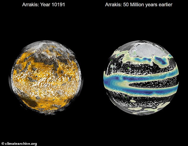 A simulation showed how the climate behaved on Arrakis in the year 10,191 (left), when the film takes place, and how it behaved 50 million years earlier (right), before the planet was a desert.