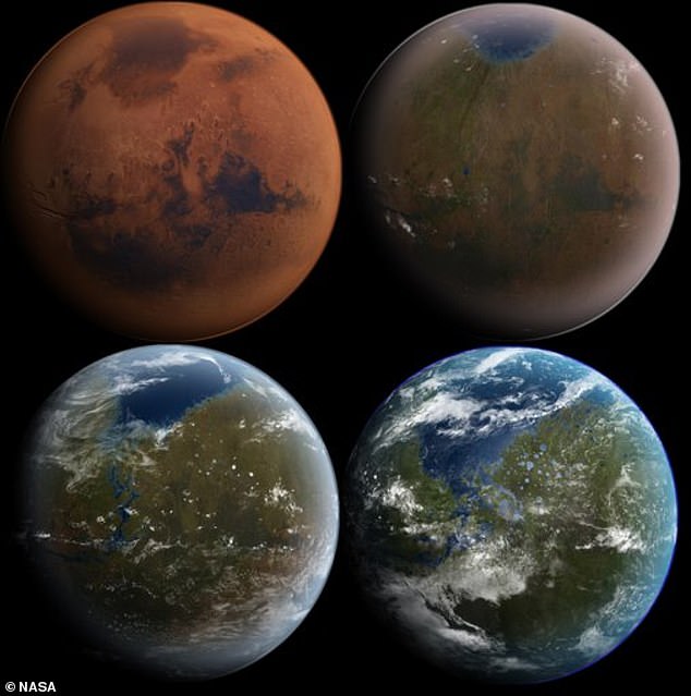 Some organisms could be bioengineered to extract certain gases from the Martian atmosphere, such as carbon dioxide and methane, and create nitrogen and oxygen. A series of possible steps are shown if Mars were terraformed.