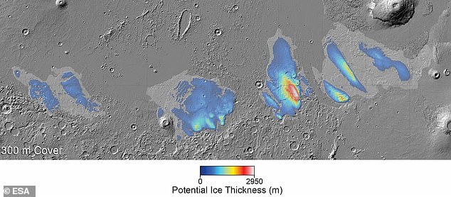 Map of potential water ice thickness in the Medusae Fossae Formation (MFF). The water ice deposits are up to 3.7 kilometers thick.
