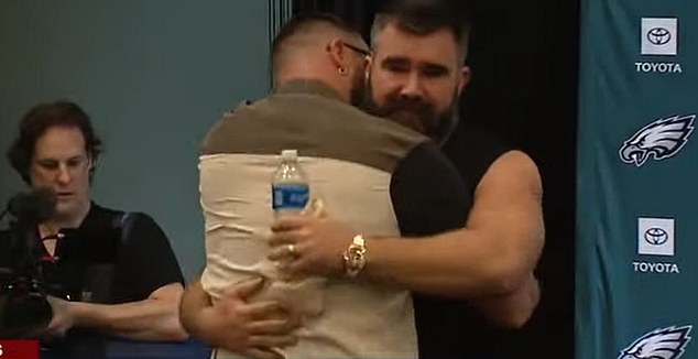 1709592911 789 Travis and Jason Kelce share an emotional embrace after the