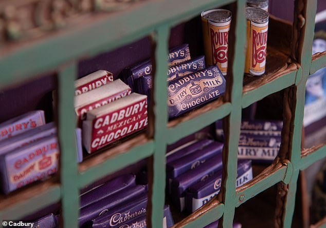 The showcase recreation features miniature recreations of old Cadbury chocolate bars.