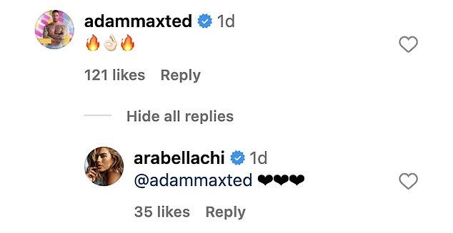 However, Adam was quick to comment with three flame emojis, and Arabella responded with three love hearts.
