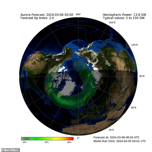 Pictured is the auroral oval around the northern hemisphere, marking exactly where the best chance of seeing the light show is.