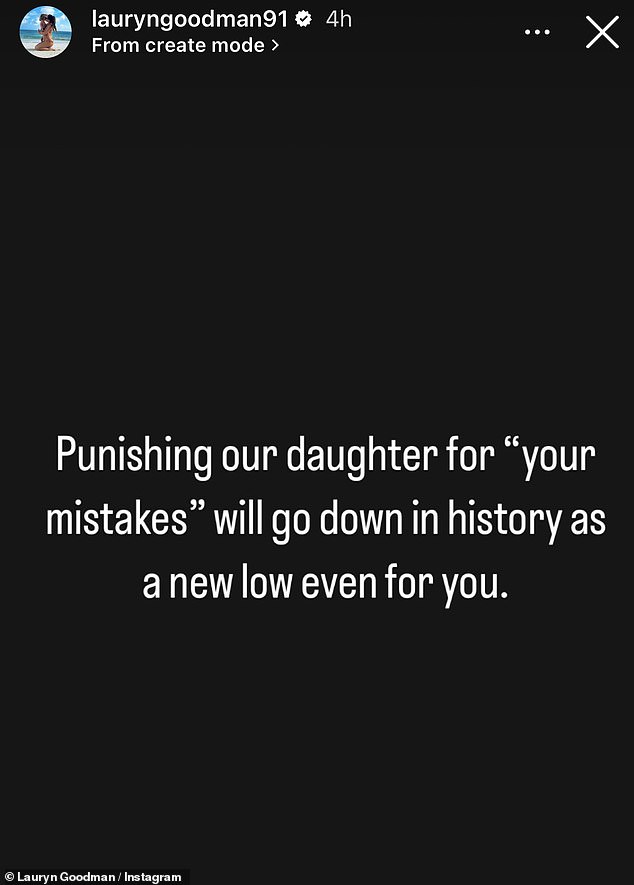 In a recent post, Lauryn took aim directly at Kyle and cryptically shared: 'Punishing our daughter for "your mistakes" It will go down in history as a new low even for you.
