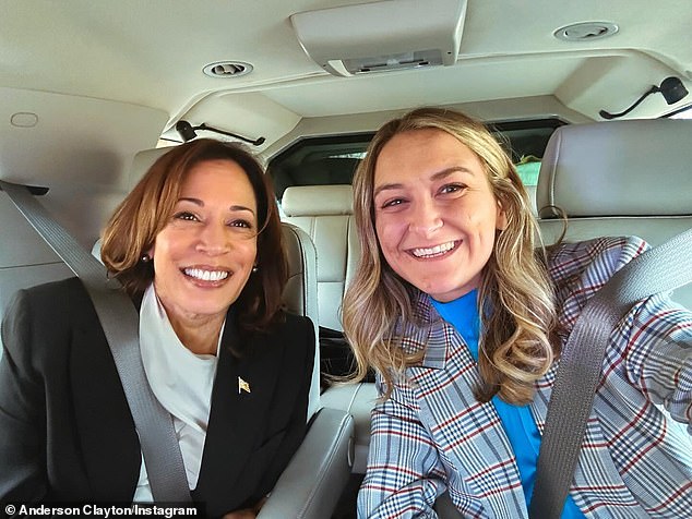 North Carolina Democratic Party Chairman Anderson Clayton takes a selfie with Vice President Harris while riding with her in her motorcade on March 1. Clayton says he urged the vice president to return and meet with voters in the eastern part of the battleground state.