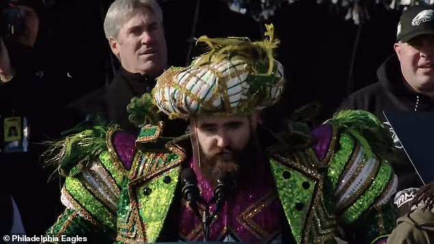There's a clip of Kelce's famous parade speech dressed as one of the Philadelphia Mummers.