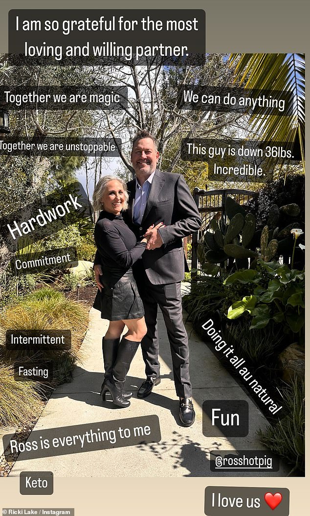 The actress shared a photo on her Instagram Stories showing her and her husband, Ross Burningham's weight loss, with the word 'Keto' giving a hint as to how they lost weight.  Ross looked dapper in a black suit as he placed his hand on Ricki's butt.