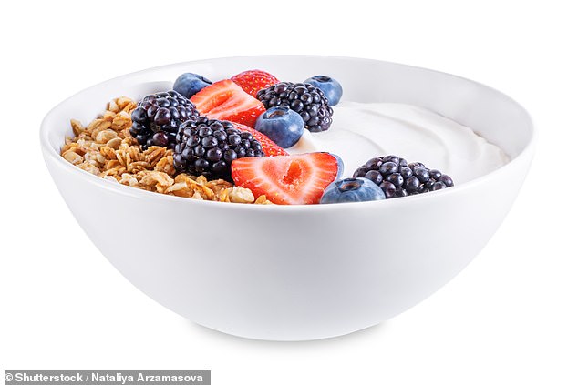Birdi suggests three to four tablespoons of Greek yogurt or kefir, topped with fruits, mixed seeds, and mixed nuts.