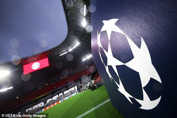 MUNICH, GERMANY - MARCH 5: General view inside the stadium as the UEFA Champions League logo is seen before the 2023/24 UEFA Champions League Round of 16 second leg match between FC Bayern München and SS Lazio at the Allianz Arena on March 5, 2024 in Munich, Germany. (Photo by Alex Grimm - UEFA/UEFA via Getty Images)