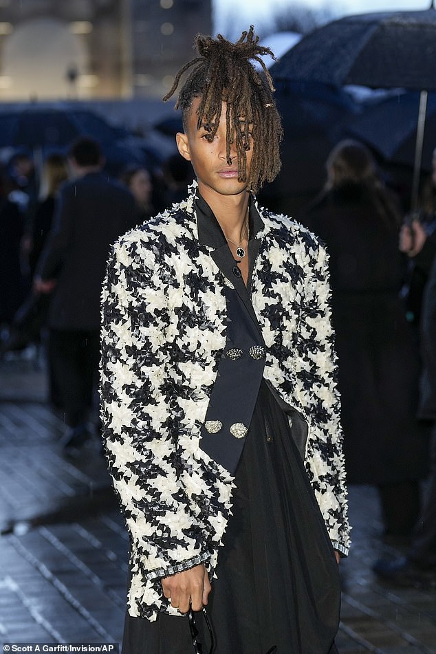 Jaden Smith opted for a modern black and white printed blazer jacket as he turned heads at the show.
