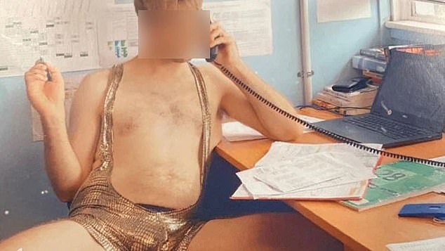Another photo shows a man in a gold mankini sitting at a desk with his legs spread.