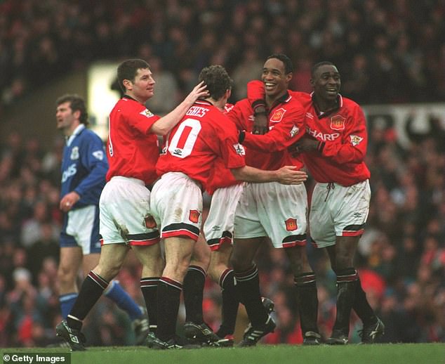 Cole (right) in Manchester United colors as they thrashed hapless Ipswich 9-0 in 1995.