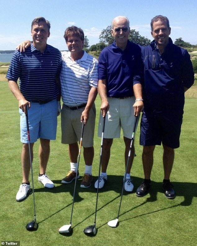 Hunter Biden's friend and business partner Devon Archer, far left, is seen playing golf in the Hamptons with Hunter (far right) and Joe (next to Hunter).
