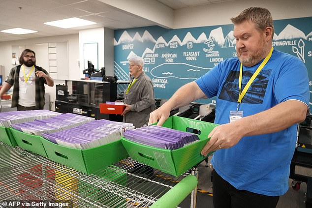 Election workers process ballots at the Utah County election headquarters in Provo, Utah.