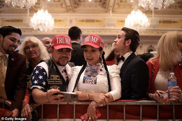 Trump supporters put on a show of force at Mar-a-Lago Tuesday night as they waited for the former president to deliver a speech Tuesday night.