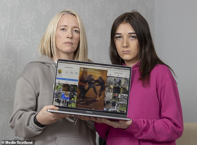 Abbie Jarvis, 14, was lured to a park in Glasgow and attacked by another girl she knew from school in October 2022 (pictured with video of her attack being shared online)