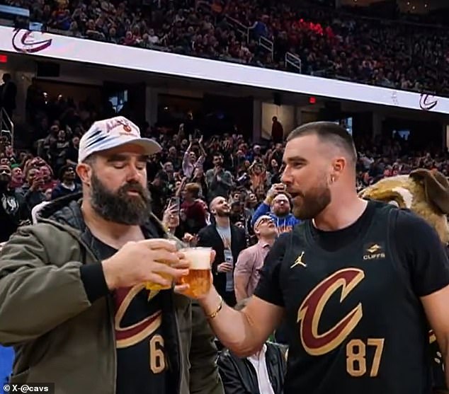 The Kelce brothers clapped their drinks before downing them in front of the Cleveland crowd.