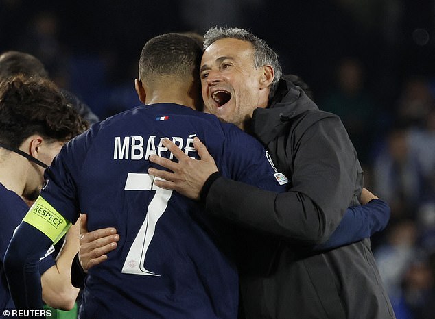 The pair embraced after Mbappe scored twice in PSG's 2-1 win over Real Sociedad.