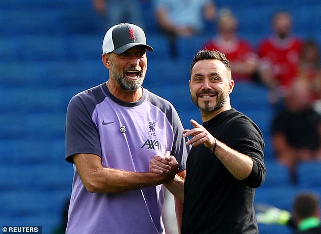 De Zerbi (right) is in the race to succeed Jurgen Klopp at Liverpool at the end of the season