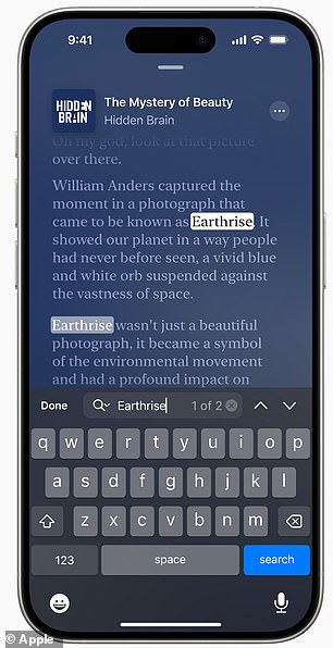 Podcast app users can search for specific words in the transcript to find their place.