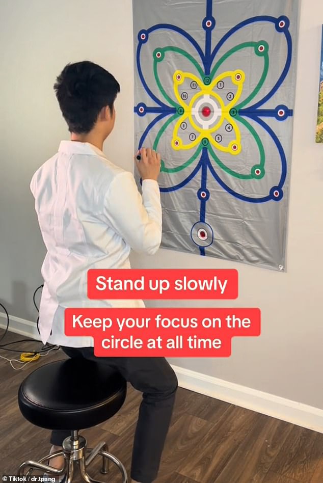 Later, Pang demonstrated a brain exercise to relieve shortness of breath. She began by sitting and concentrating in a circle on the wall. She slowly turned her head from left to right before standing up.