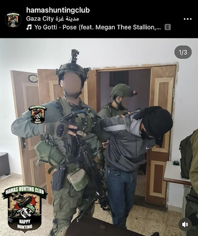 The soldiers are seen posing for the camera next to the captives and holding the Hamas Hunting Club patch.