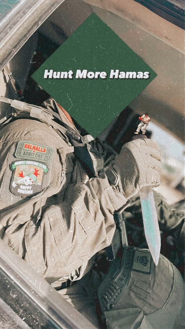 In this social media post, a member of the Hamas Hunting Club is seen holding a knife.