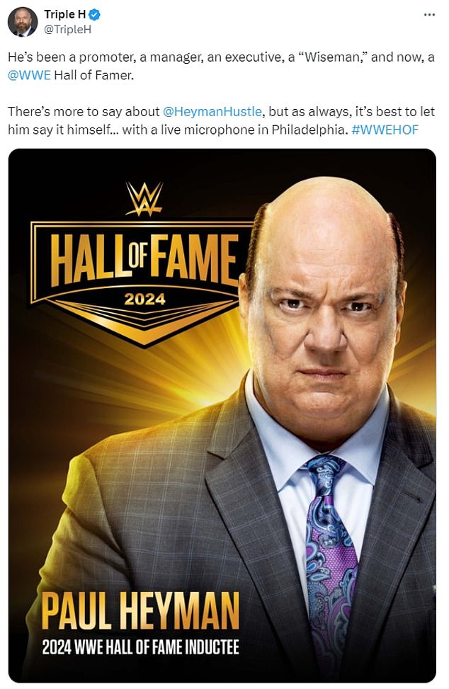 WWE boss Triple H paid tribute to Heyman on social media following confirmation of his addition