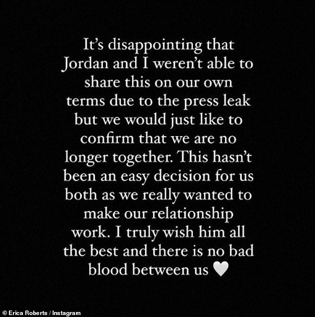On Instagram, Jordan and Erica shared a statement about their split.