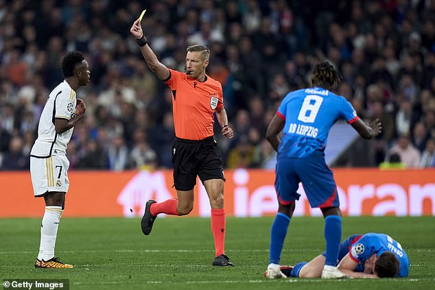 Vinicius was lucky to escape the red card after pushing Willi Orban to the ground.