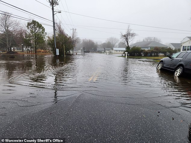 Forecasters said the rain will create areas of flash flooding and that urban areas with poor drainage and low-lying areas are most at risk. Pictured: Flooding in West Ocean City, Maryland, on Wednesday