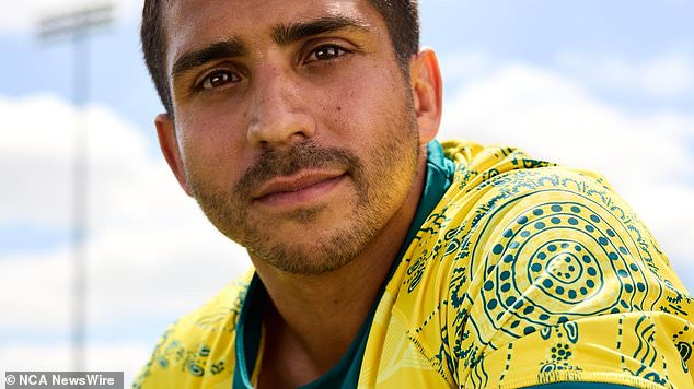 Each kit features green and gold colors, indigenous print and Japanese arrow patterns (pictured, Australian rugby star Maurice Longbottom models the new jersey)