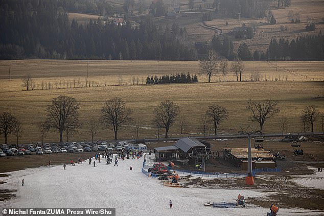 A ski resort in Orlicke Zahori, in the Orlicke Mountains, Czech Republic, struggles with a lack of snow, on February 10, 2024.
