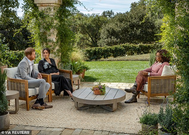 Oprah was placed at a distance from her interviewees as Covid restrictions were in place.