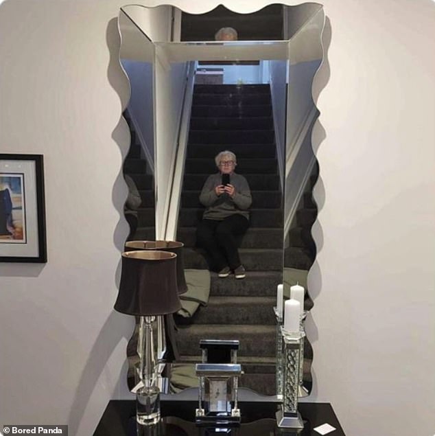 Another saleswoman got creative: She sat on the stairs and gave her wavy-edged mirror the attention it deserved.