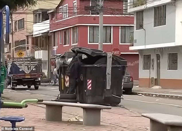 A homeless man was searching through a garbage container (seen here) in the Bogotá neighborhood of Los Cámbulos when he discovered the suitcase with the body of Valentina Trespalacios on January 22, 2023.