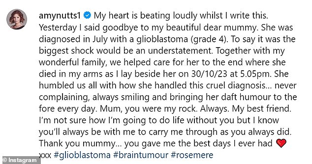Amy posted a heartfelt tribute to her mother in November after her passing.