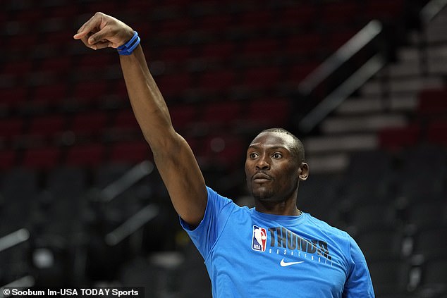 Biyombo is shown warming up before the game in Portland on Wednesday night.