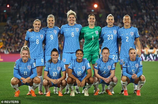 The Lionesses pose for a team photo before last summer's World Cup final in Sydney.