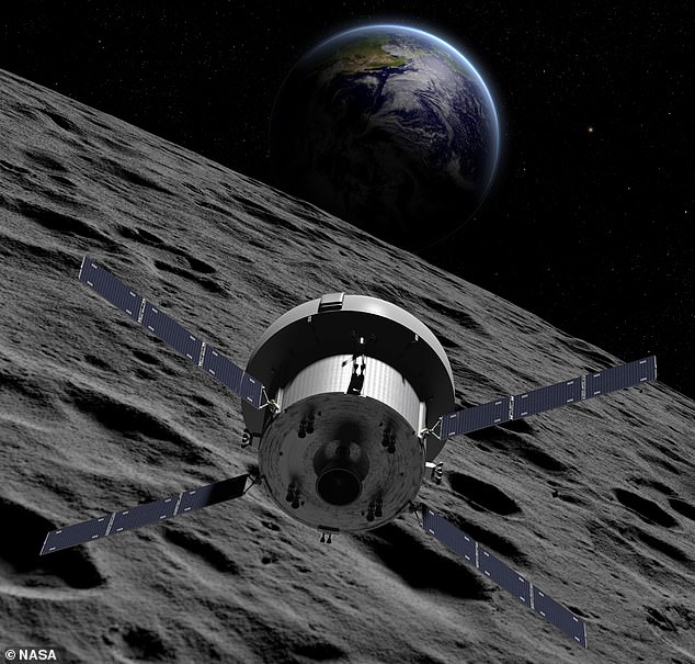 This artist's rendering shows the Orion spacecraft, containing its crew, while in lunar orbit during Artemis II.