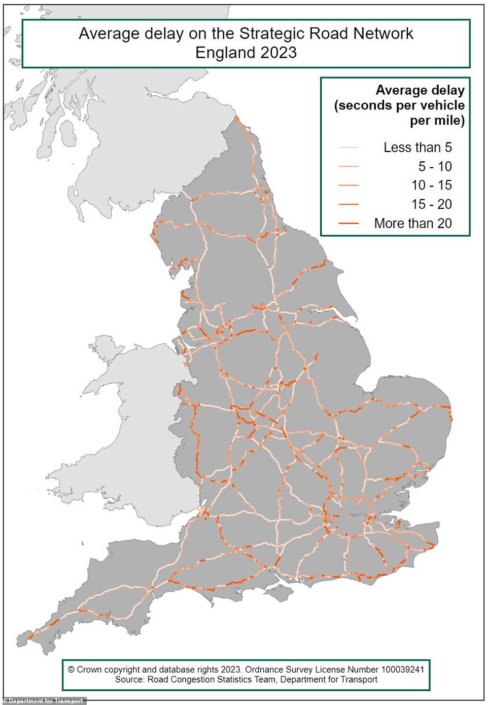 This map of England shows which motorways and main roads, managed by National Highways, have the longest and shortest delays, based on 2023 figures.