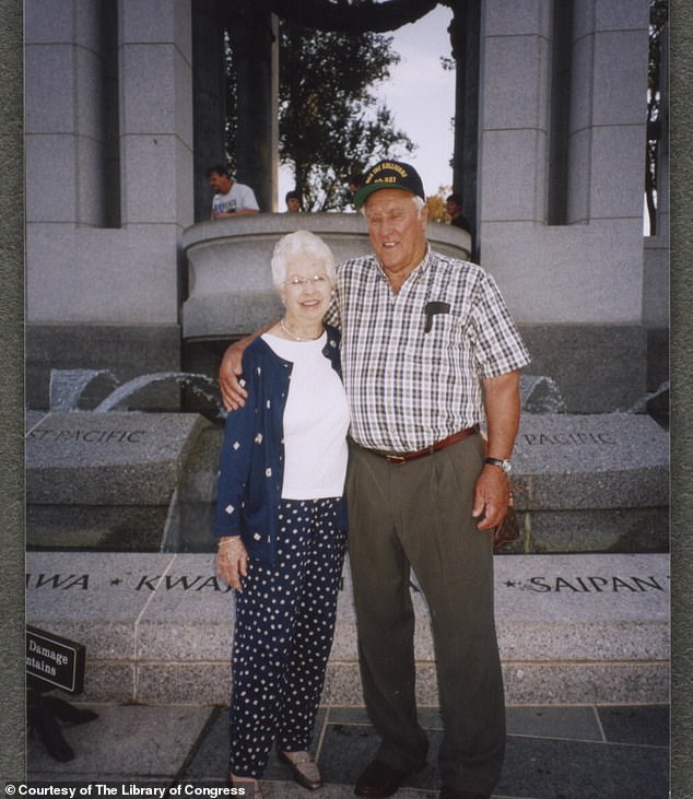 The couple is photographed at the World War II Memorial in 2005.
